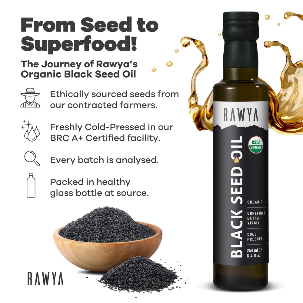 RAWYA Black Seed Oil glass bottle close-up shows pure non-GMO formulation.