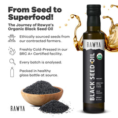 RAWYA Black Seed Oil glass bottle close-up shows pure non-GMO formulation.
