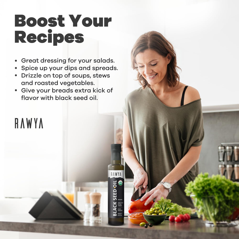 RAWYA Black Seed Oil label close-up highlights organic cold-pressed quality.