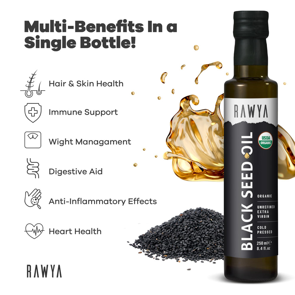 RAWYA Black Seed Oil being poured into a teaspoon for easy use.