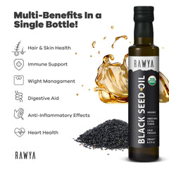 RAWYA Black Seed Oil being poured into a teaspoon for easy use.