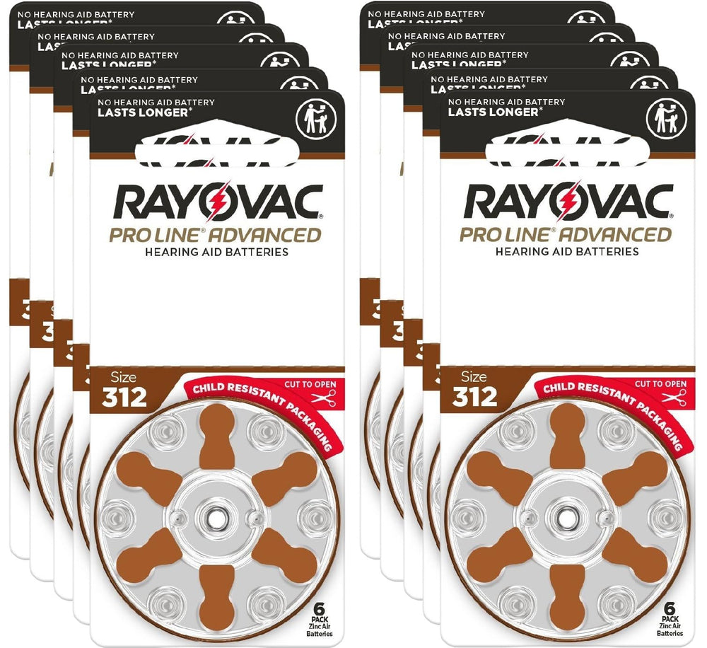 Rayovac ProLine Advanced frontal del paquete mostrando 60 pilas y cierre infantil, seguridad y suministro prolongado