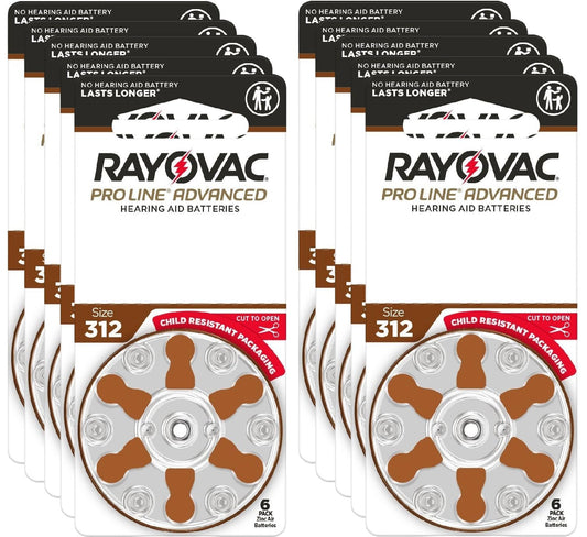 Rayovac ProLine Advanced frontal del paquete mostrando 60 pilas y cierre infantil, seguridad y suministro prolongado