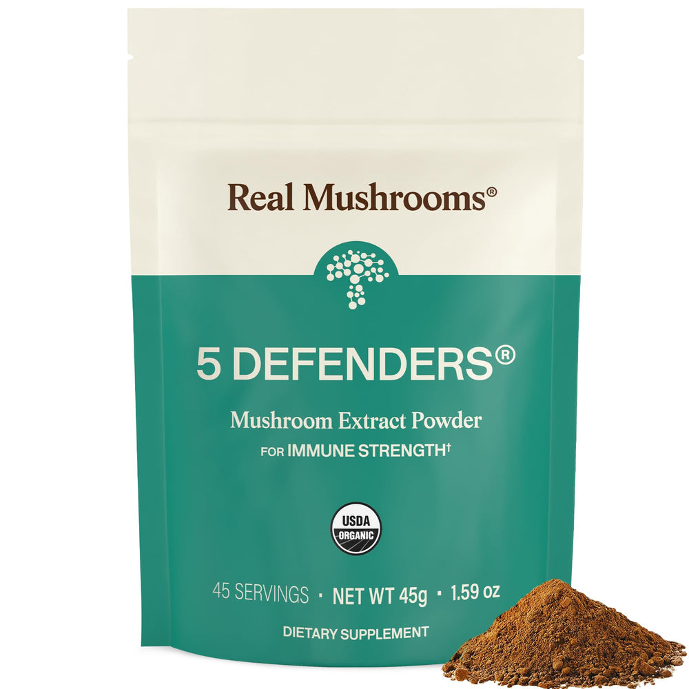 Real Mushrooms envase frontal profesional mostrando producto y etiqueta
