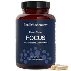 Real Mushrooms frasco delantero mostrando etiqueta y beneficios