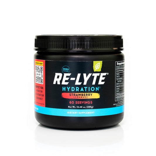 REDMOND empaque frontal de Re-Lyte Strawberry Lemonade mostrando sabor y beneficios