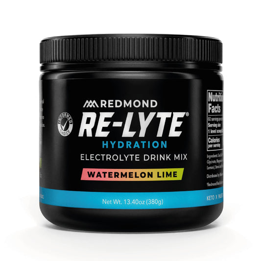 REDMOND envase frontal Re-Lyte mostrando marca y sabor, fácil identificación y confianza