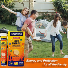Lateral de la caja Redoxon Max Energy con información nutricional clara para el usuario
