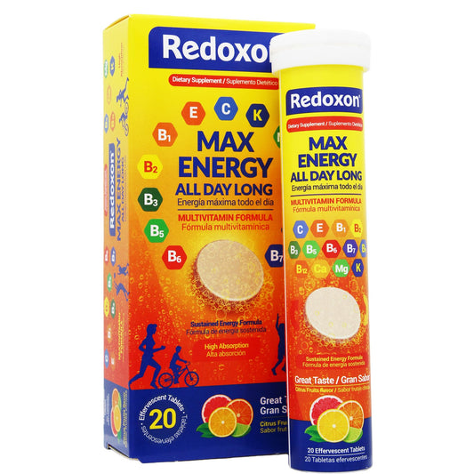 Redoxon Max Energy vista frontal del envase mostrando 20 tabletas, facilita el aporte vitamínico