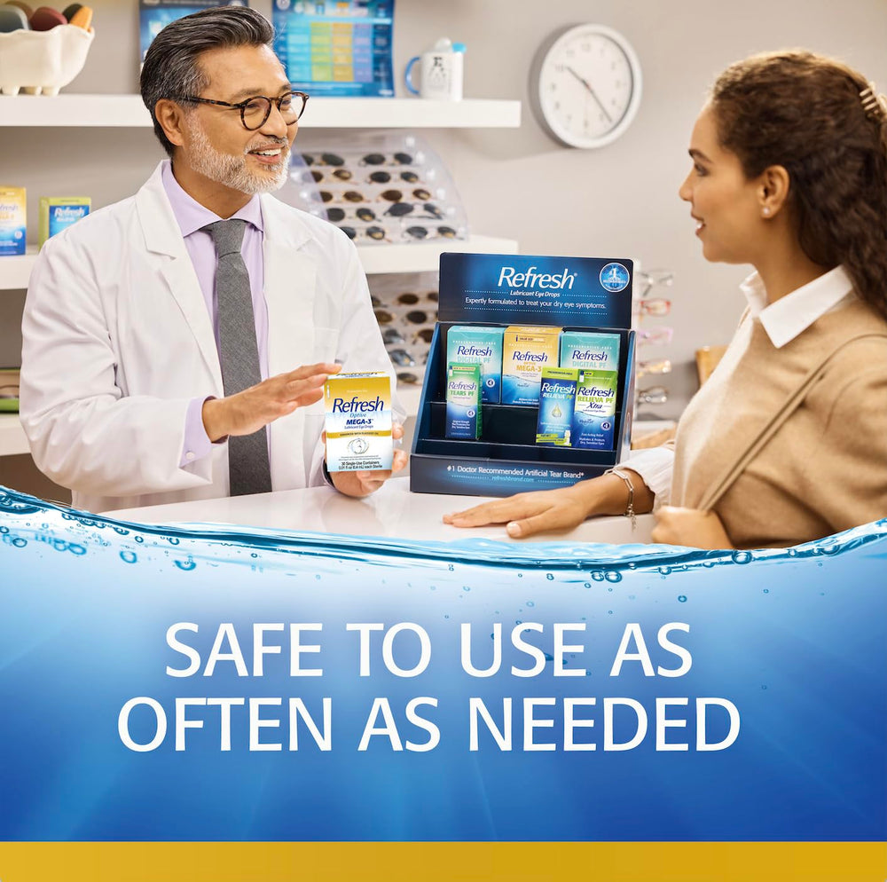 Refresh OPTIVE MEGA-3 gota en palma demostrando textura hidratante y cómoda
