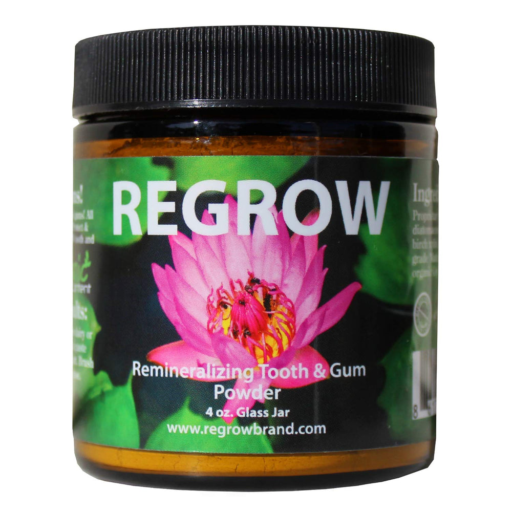 REGROW frasco frontal mostrando etiqueta y vidrio reutilizable para almacenamiento seguro