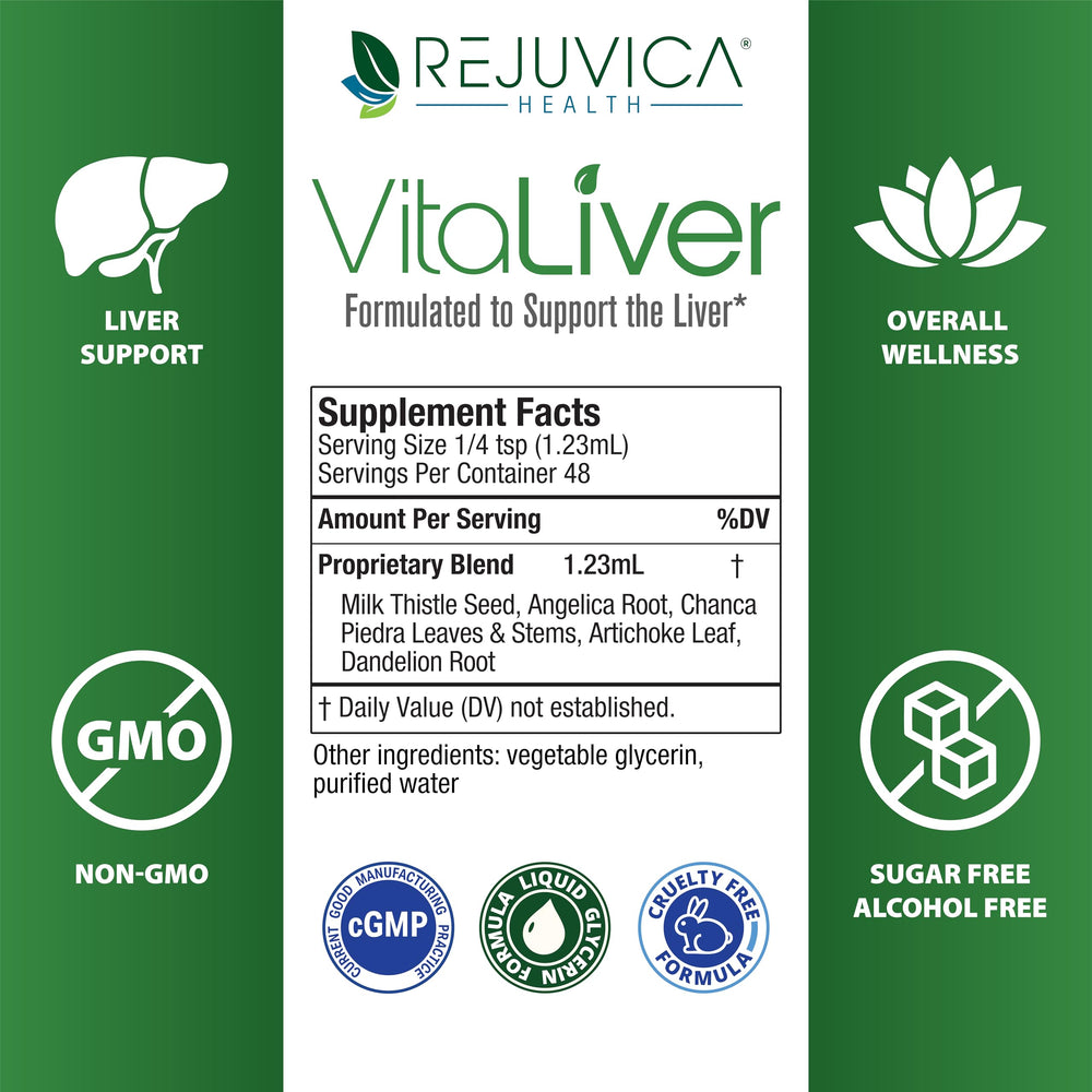 Rejuvica VitaLiver en cocina junto a ingredientes naturales que inspira uso diario