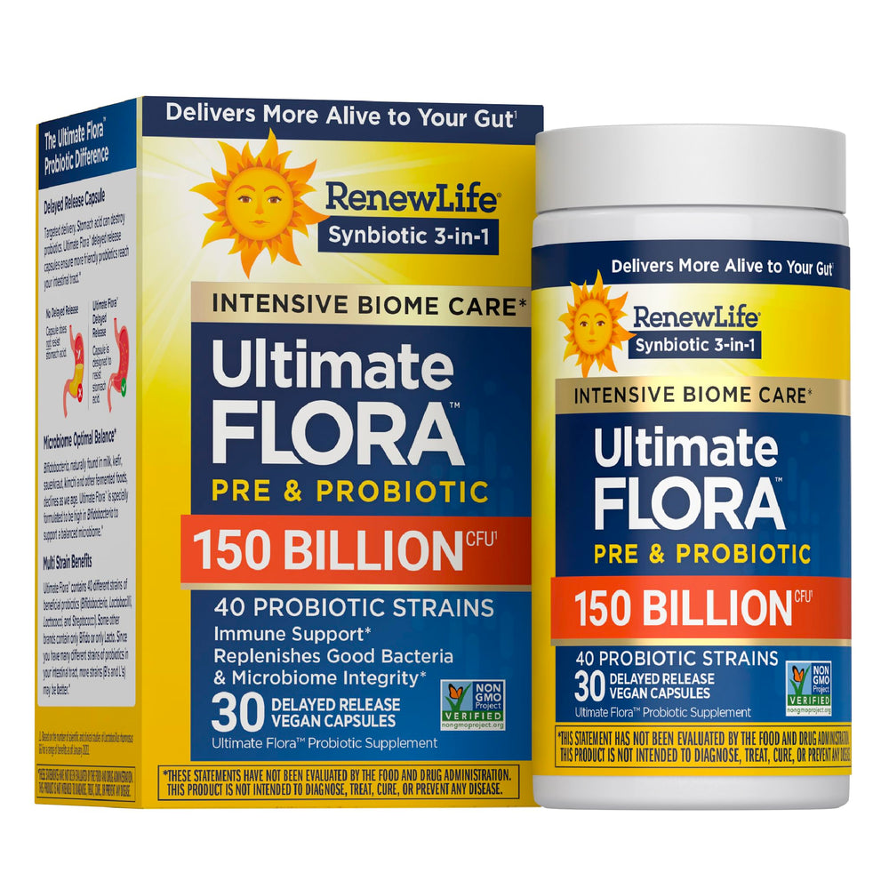 Renew Life envase frontal muestra potencia y cepas, confianza y calidad