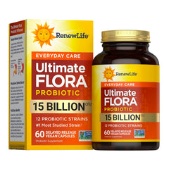 Renew Life frente del envase mostrando 60 cápsulas y beneficios clave