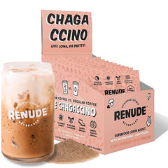 Renude chagaccino empaque frontal mostrando porciones y beneficios