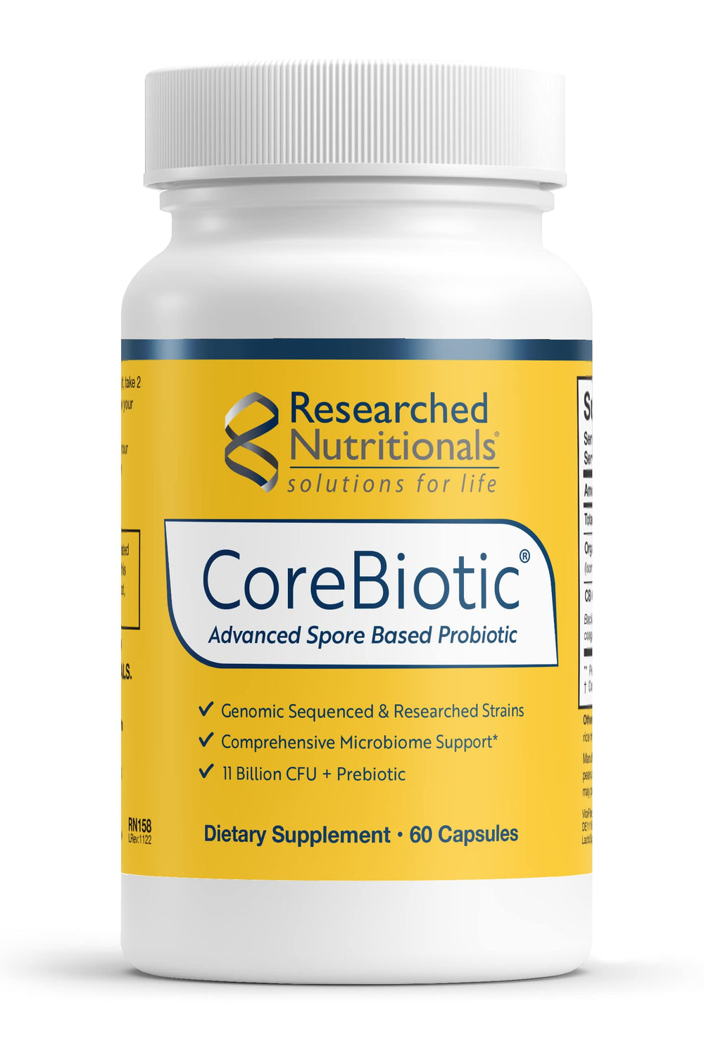 Researched Nutritionals CoreBiotic vista frontal mostrando el envase, diseño claro y profesional