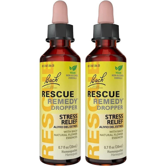RESCUE frascos frontales pack de 2 mostrando envase y cuentagotas, práctico y portátil