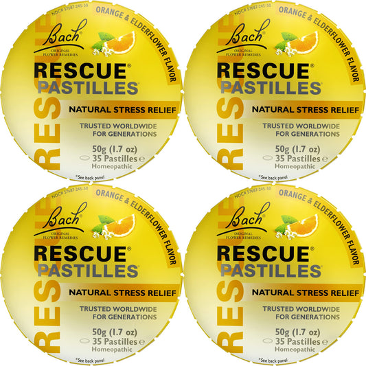 Pastillas RESCUE Bach sabor naranja y saúco en paquete de 4 para calmar momentos de estrés.