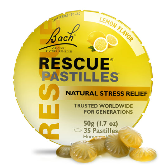 RESCUE PASTILLES lemon flavor packaging, ideal for natural stress relief.