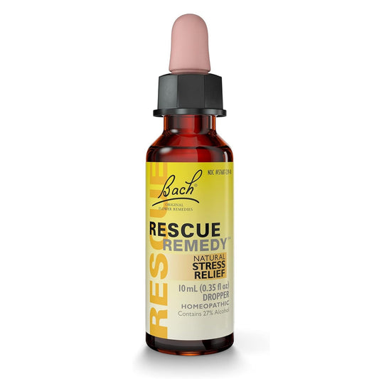 RESCUE remedy bottle with yellow dropper ready for quick stress relief on the go
