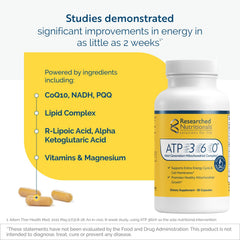 Researched Nutritionals ATP 360 cápsula junto a un plato que mejora absorción