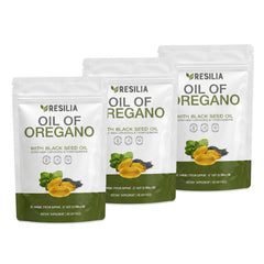 Resilia Oil Of Oregano frente del envase mostrando las 3 pouches y beneficios clave