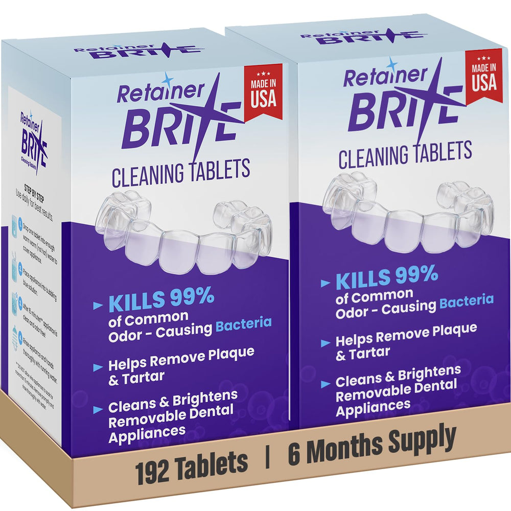 Retainer Brite frente del empaque mostrando 192 tabletas y duración de seis meses