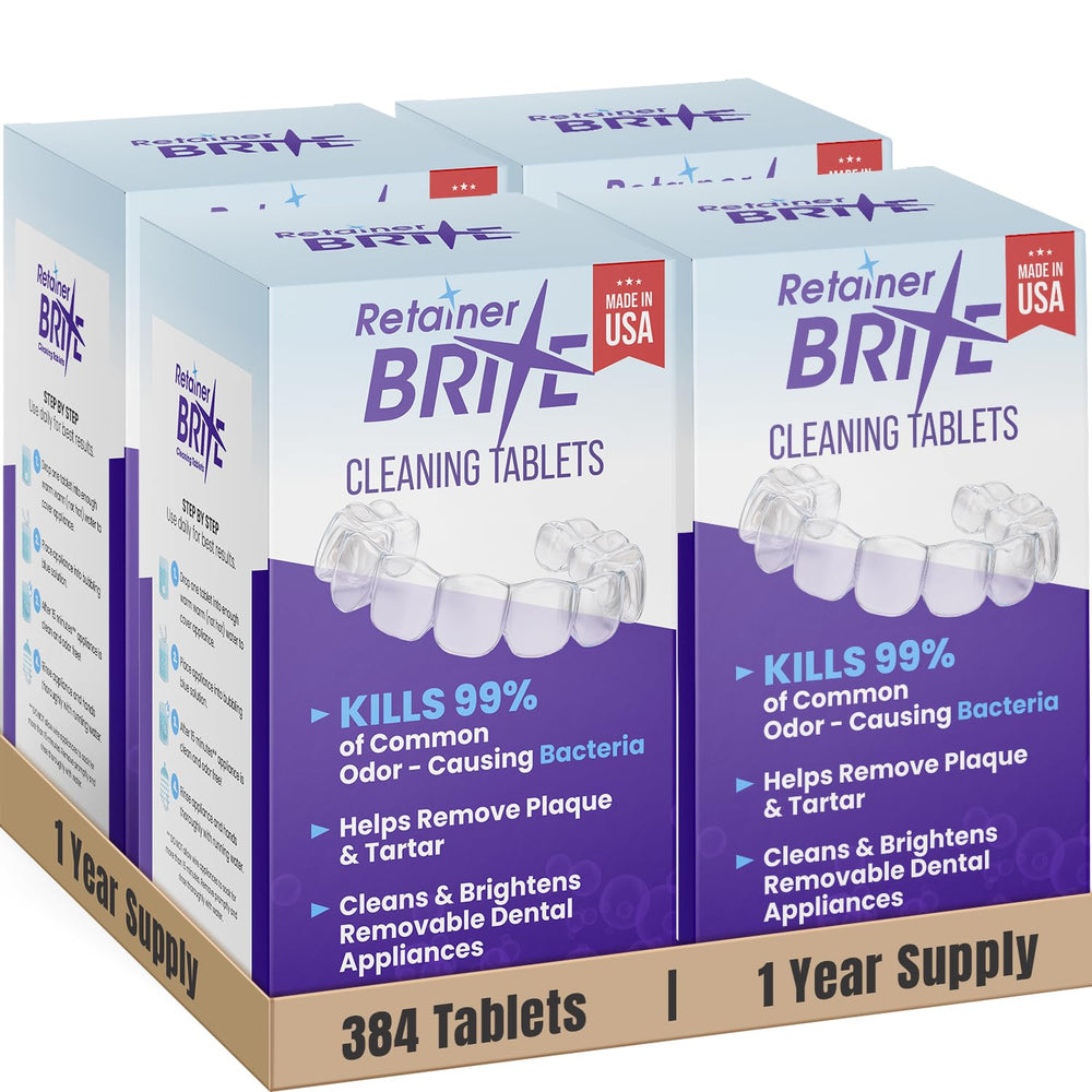 Retainer Brite frente del empaque mostrando 384 tabletas y marca limpia
