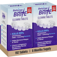 Retainer Brite frente del empaque mostrando 192 tabletas y duración de seis meses