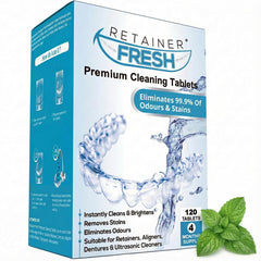 Retainer Fresh frontal del envase mostrando 120 tabletas y claridad