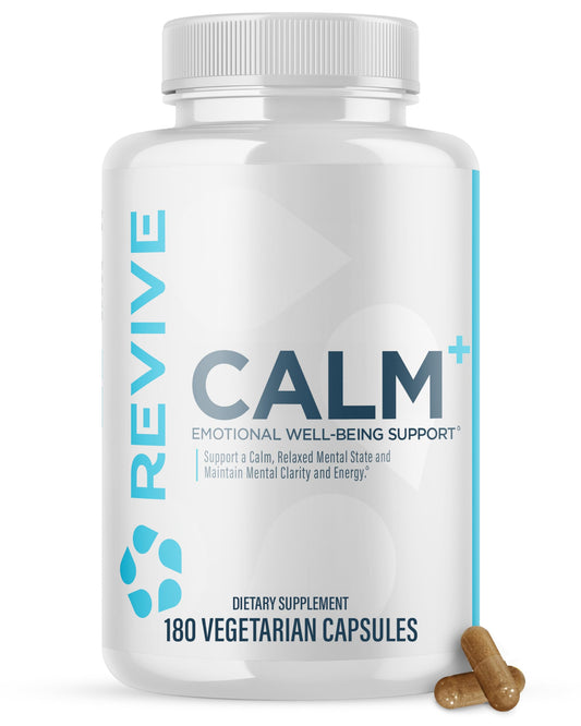 Revive MD Calm, botella frente, favorece relajación diaria naturalmente.