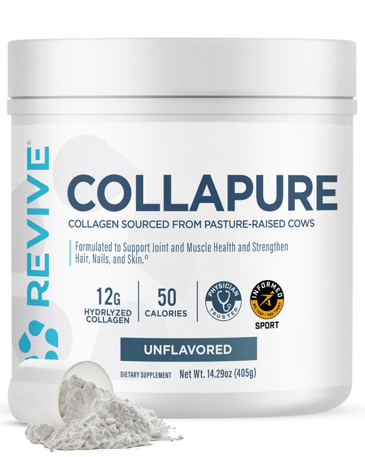 Revive MD CollaPURE polvo de colágeno sin sabor, ideal para mezclar en agua o smoothie.
