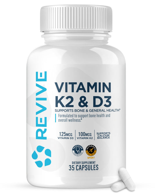 Revive MD muestra la botella de cápsulas para huesos más fuertes.
