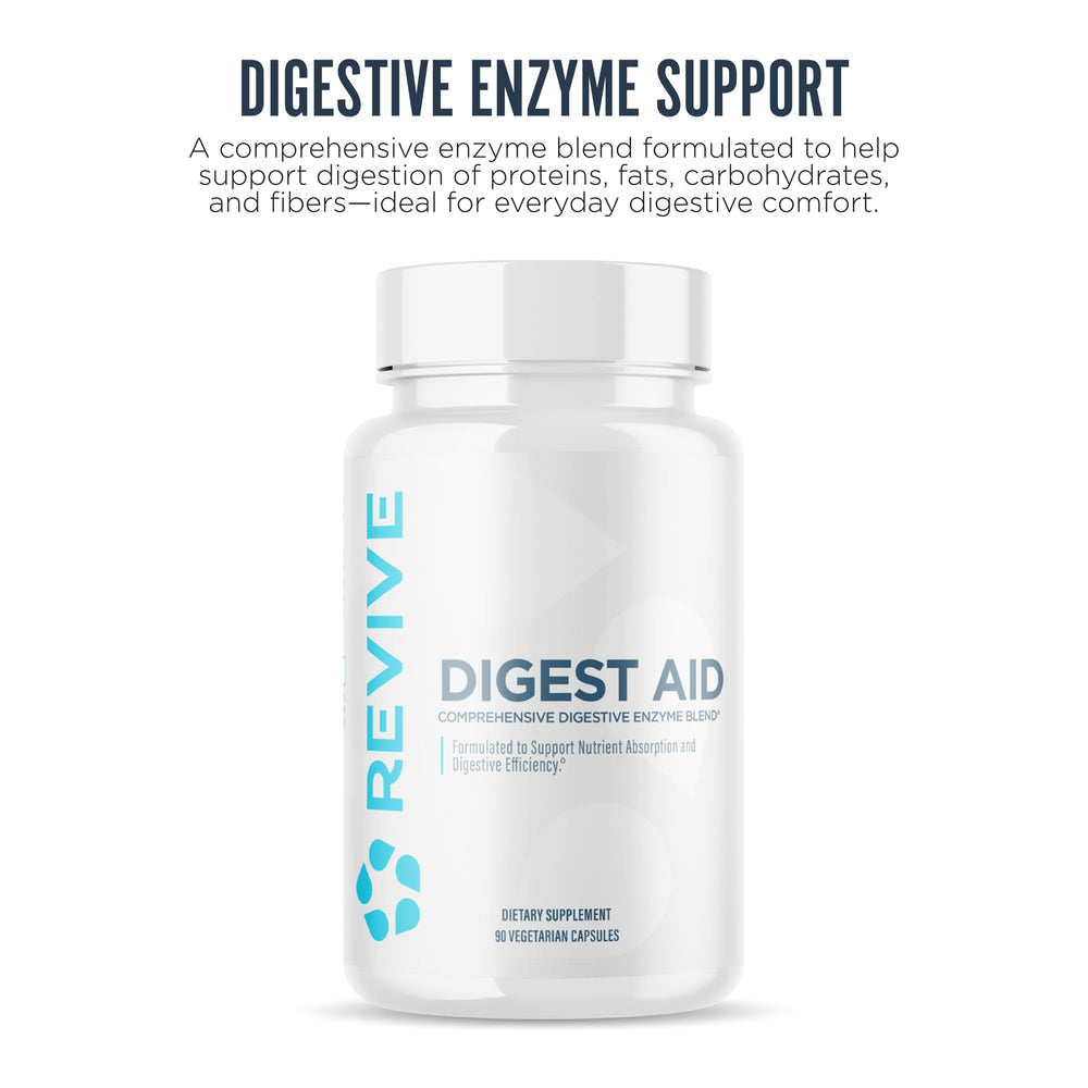 Digest Aid de Revive MD: cápsulas visibles, fácil de identificar tamaño.