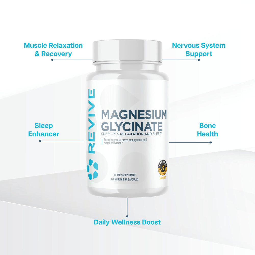 Revive MD Pure Magnesium Glycinate bottle on a desk supports overall wellbeing with clean ingredients.