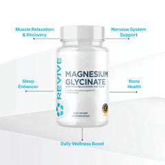 Revive MD Pure Magnesium Glycinate bottle on a desk supports overall wellbeing with clean ingredients.