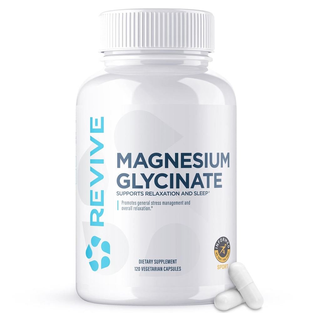 Revive MD Pure Magnesium Glycinate 200mg bottle promotes relaxation and calm evenings.