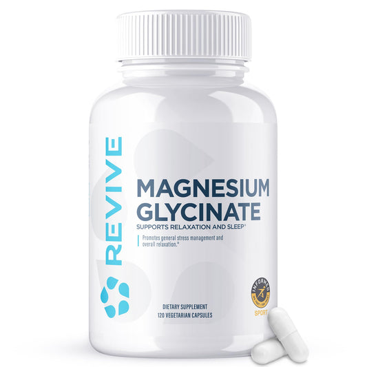 Revive MD Pure Magnesium Glycinate 200mg bottle promotes relaxation and calm evenings.