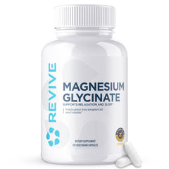 Revive MD Pure Magnesium Glycinate 200mg bottle promotes relaxation and calm evenings.