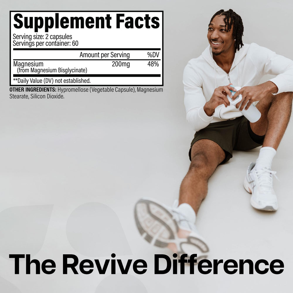Revive MD Pure Magnesium Glycinate 200mg capsules close-up shows easy-to-swallow daily support.