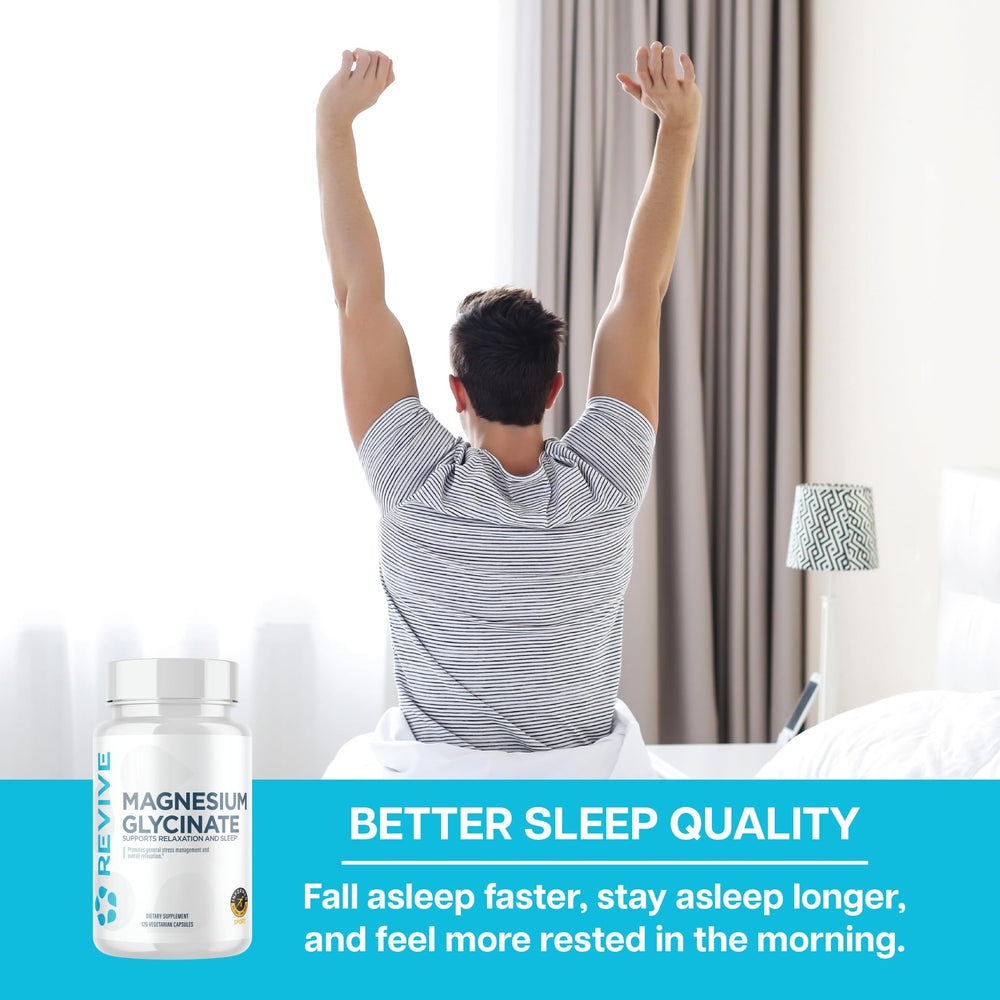 Packaging shows vegan-friendly, gluten-free, and soy-free suitability for Revive MD Magnesium Glycinate.