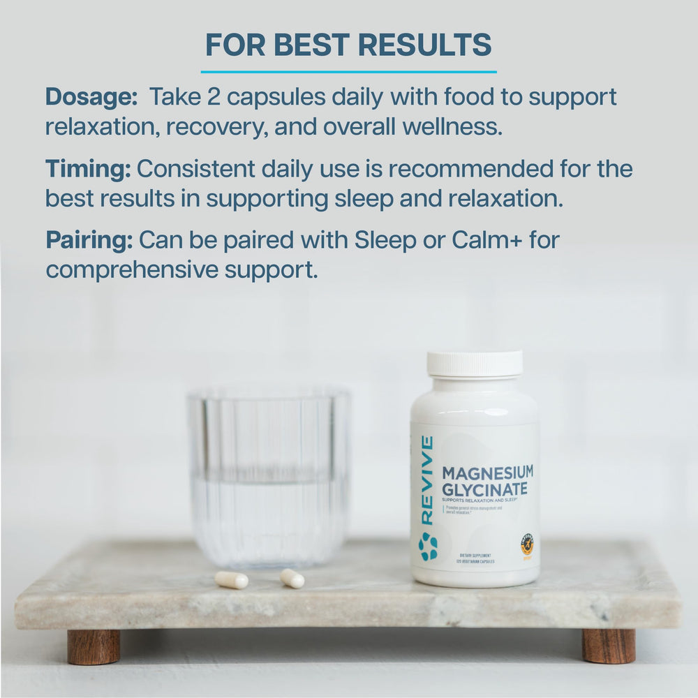 Two-capsule serving with water demonstrates convenient daily relaxation and tension relief with Revive MD.