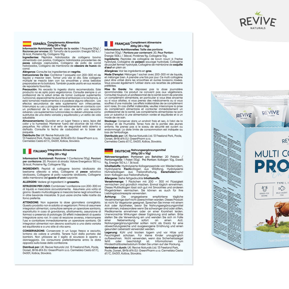 Revive Naturals etiqueta nutricional legible mostrando 10 g proteína por sobre