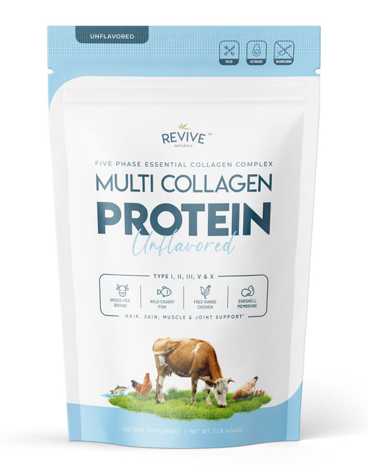 Revive Naturals Multi-Collagen tub front shows five collagen types for skin and joints.