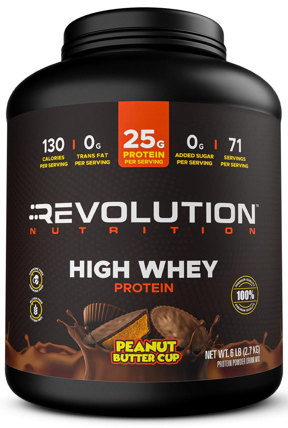 Revolution Nutrition envase frontal mostrando tamaño y sabor, práctico para usuarios