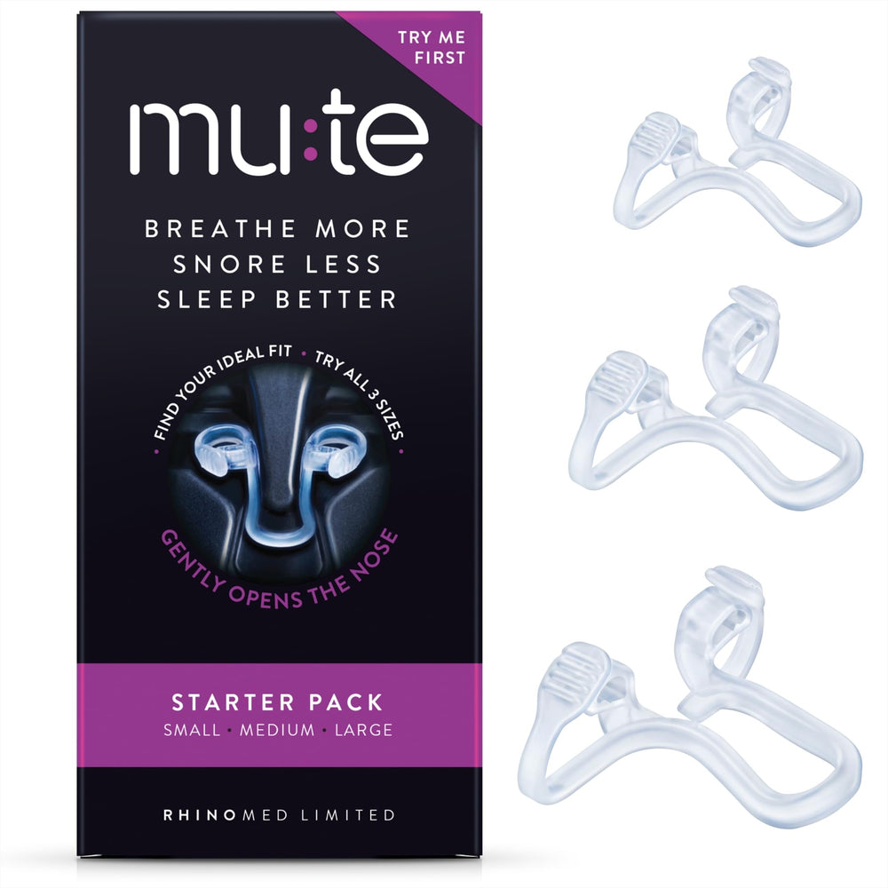Rhinomed Mute frontal del empaque mostrando pack Starter y tallas