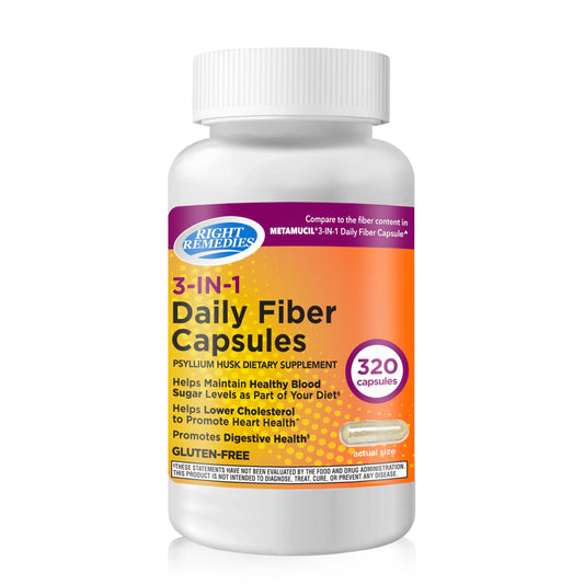 Right Remedies botella de cápsulas de fibra 3 en 1 para uso diario.