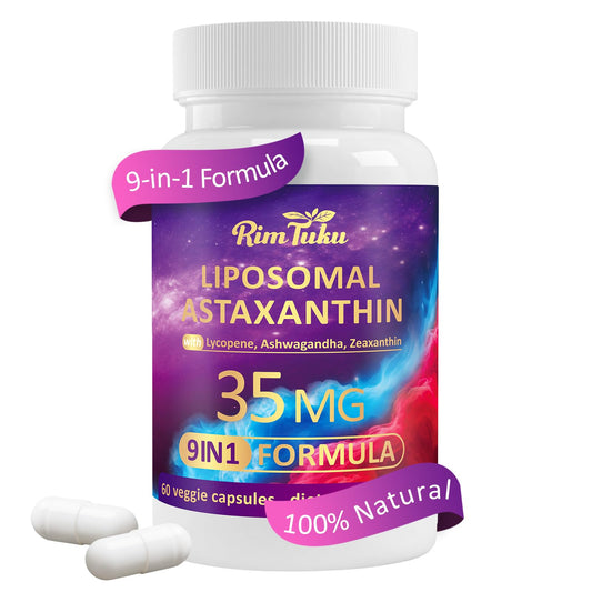 RimTuku Liposomal Astaxanthin en botella, soporte ocular y visión más cómoda.