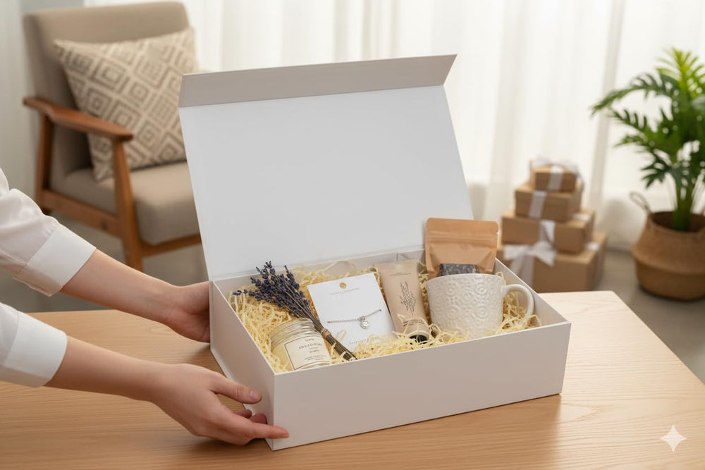 Rinrda caja junto a una mano para comparar tamaño y visualizar escala