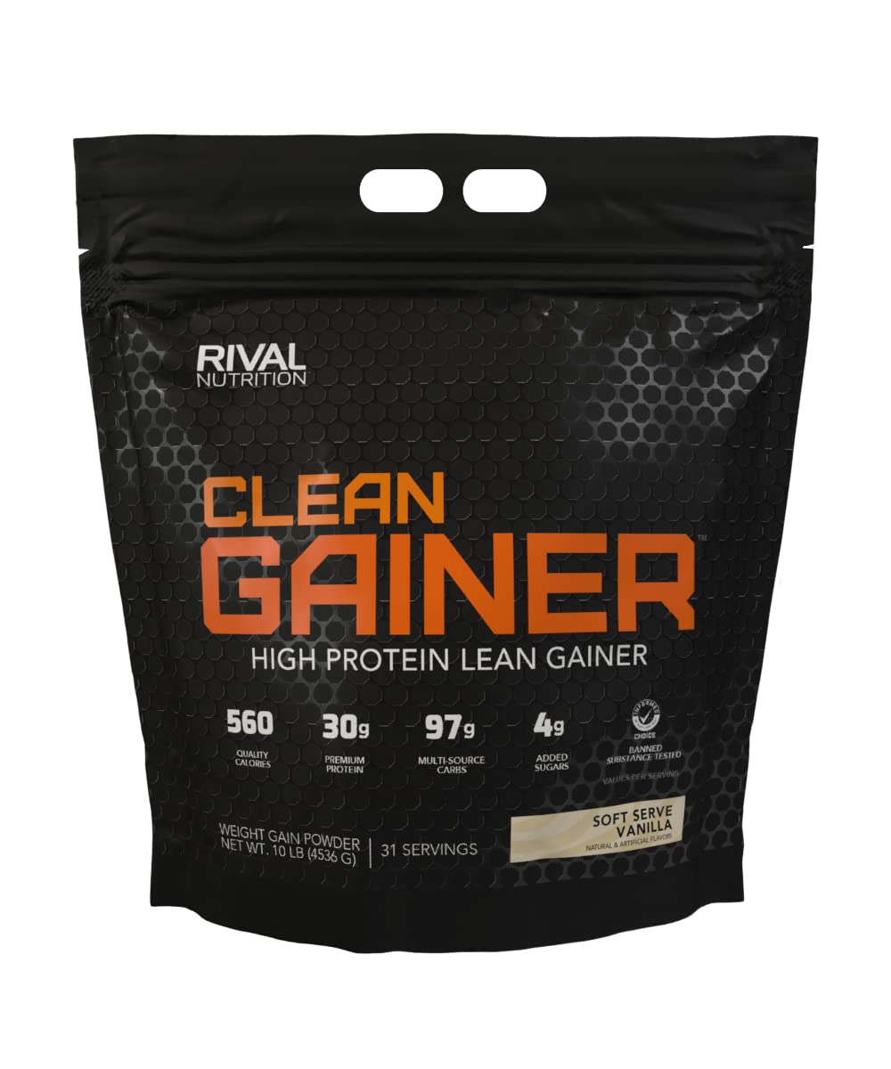 RIVAL NUTRITION Clean Gainer vista frontal del envase mostrando 10 lb y beneficio de aporte calórico